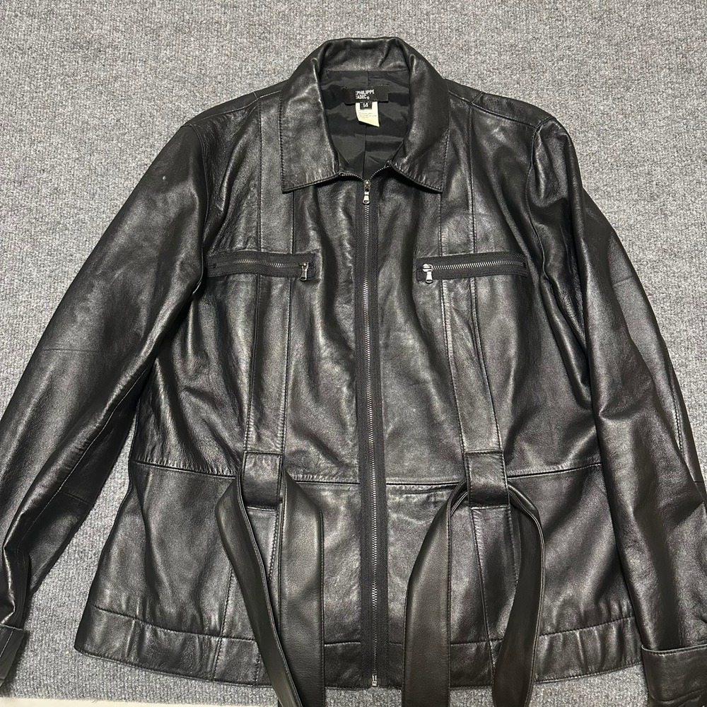 Philippe Adec Paris Black Leather Belted Zip Front Jacket Size 14